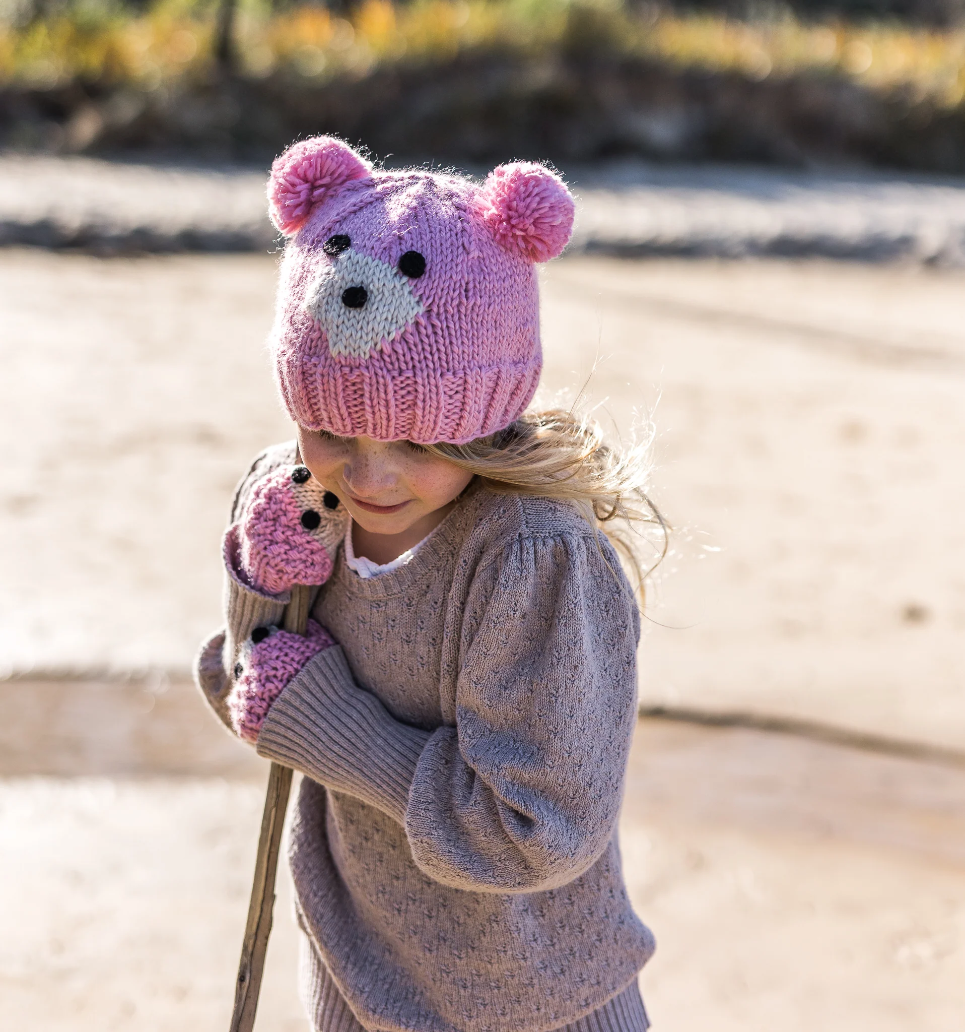 Acorn Bear Face Beanie - Pink - Image 3