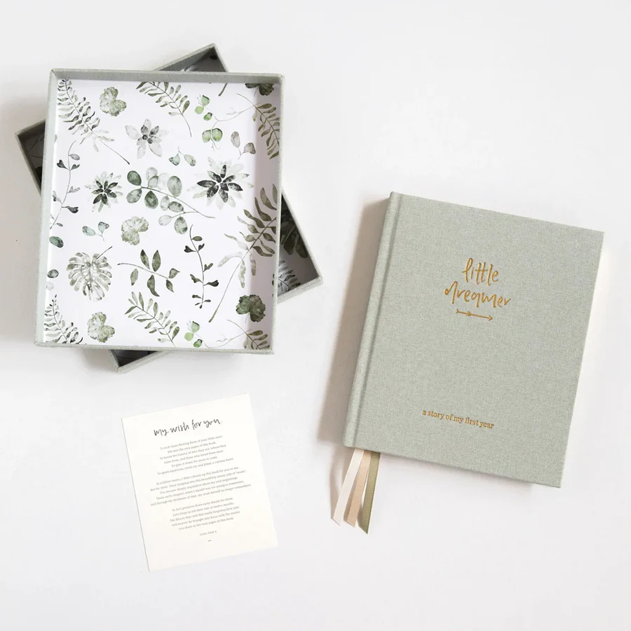 Boxed Linen Cover Luxe Baby Journal - Sage Green - Image 3