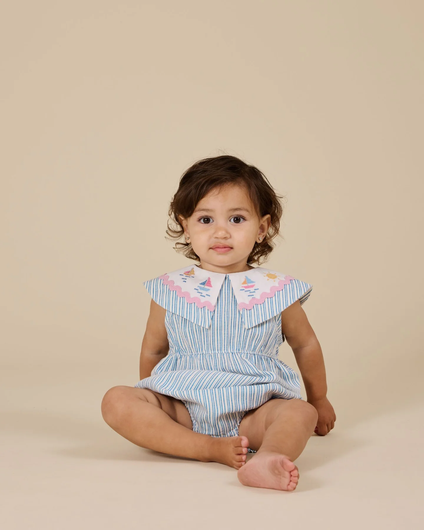 Goldie + Ace Sailor Stripe Ava Collared Romper - Ocean/Ivory - Image 3