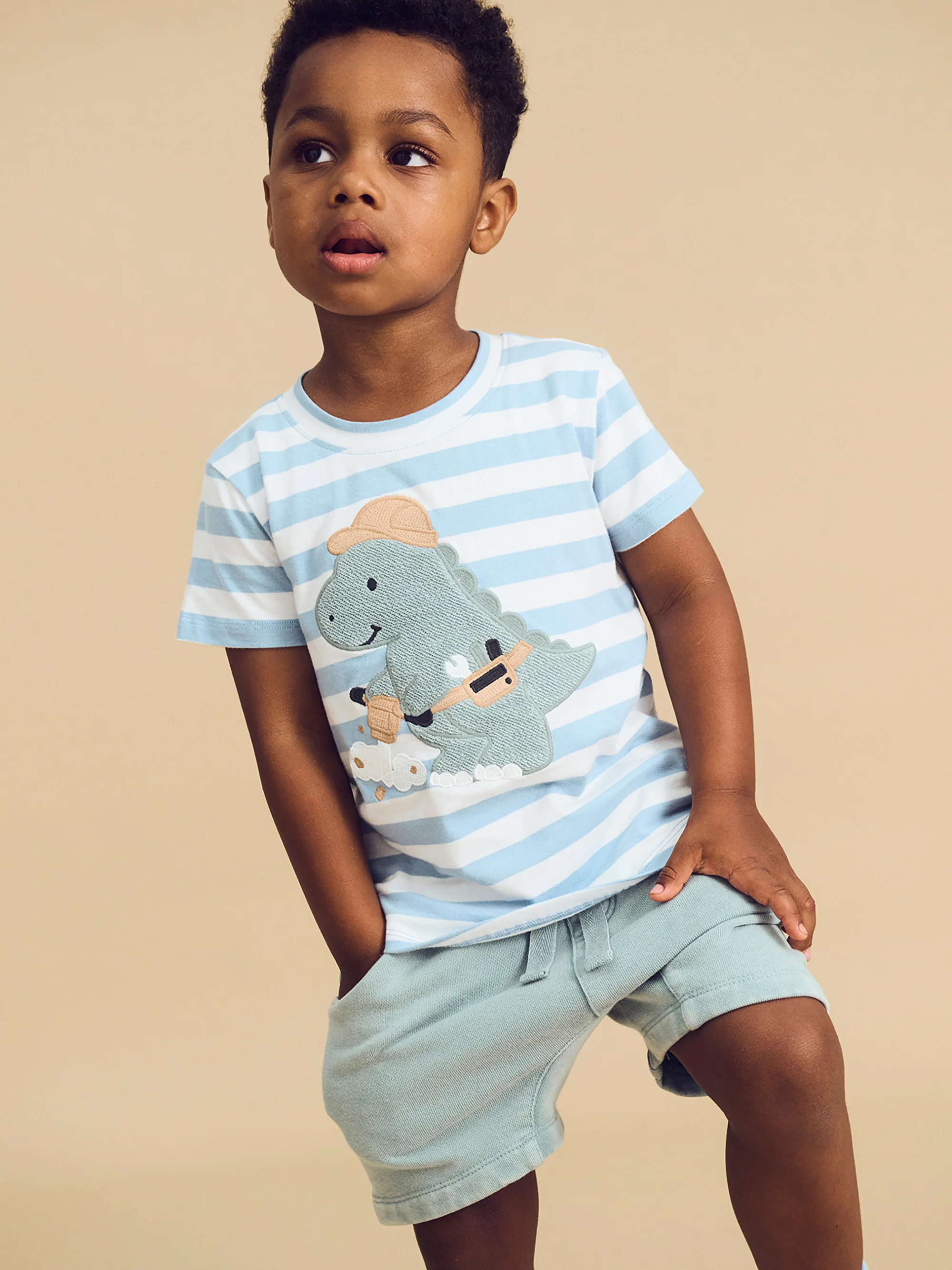 Construction Dino Stripe T-Shirt - Marine Blue/Almond Milk - Image 2