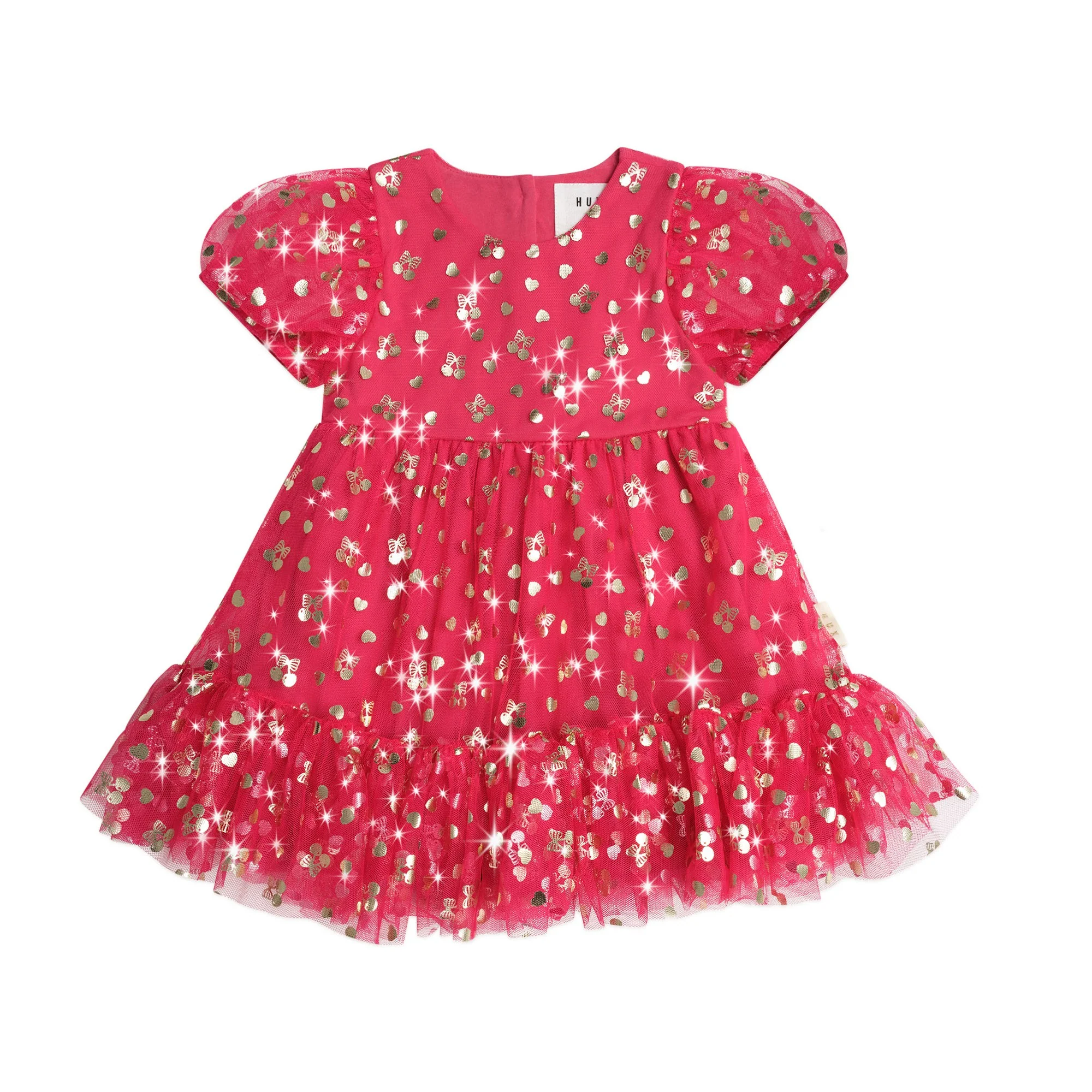Golden Cherries Puff Sleeve Tulle Dress