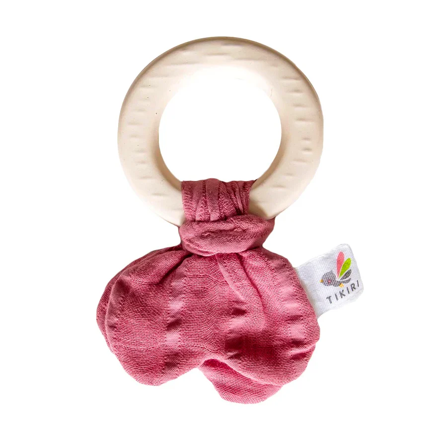 Natural Rubber Teether with Muslin Tie - Dusky Pink