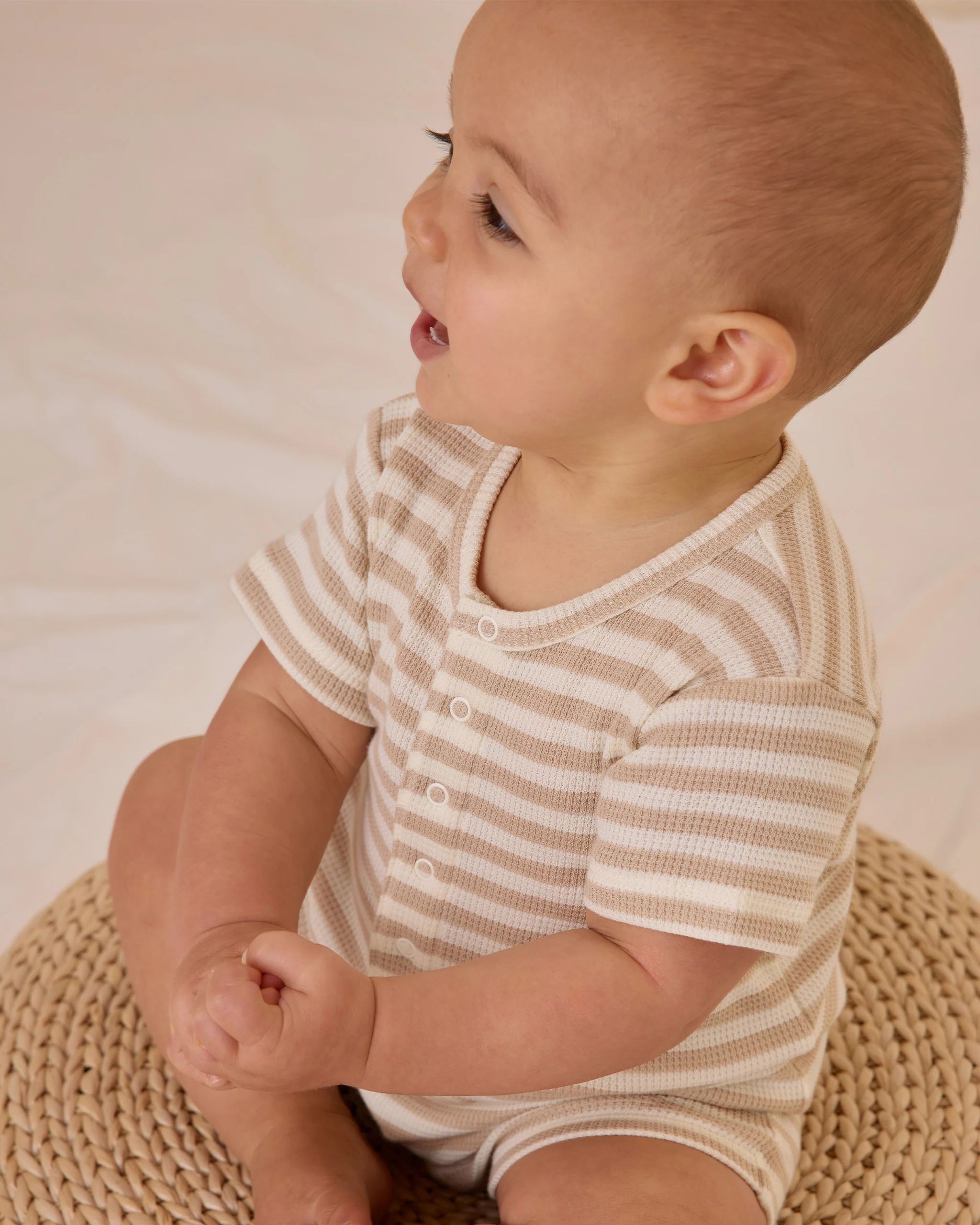 Terry Henley Romper - Oat Stripe - Image 2