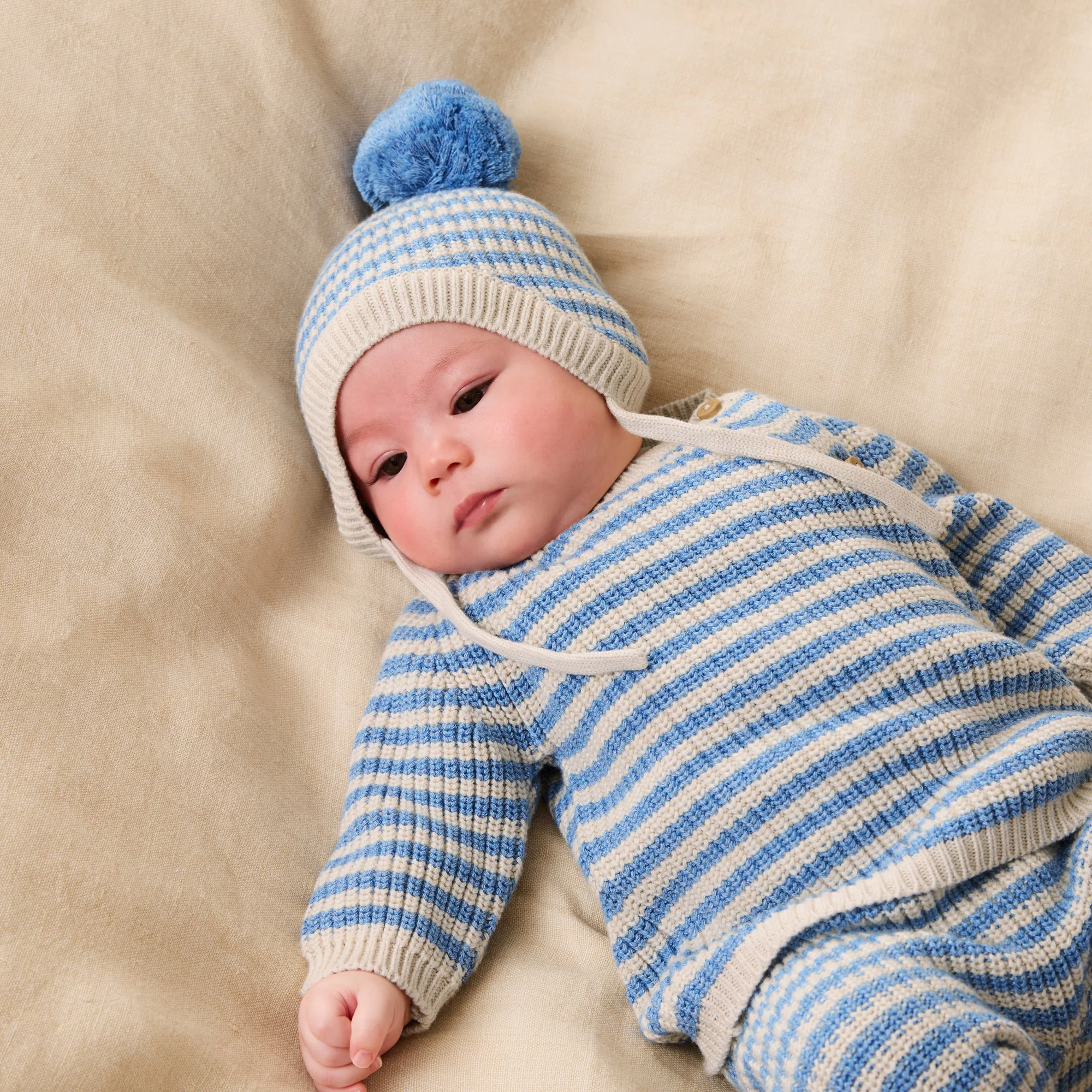 Frosted Blue Organic Knitted Stripe Bonnet - Image 2