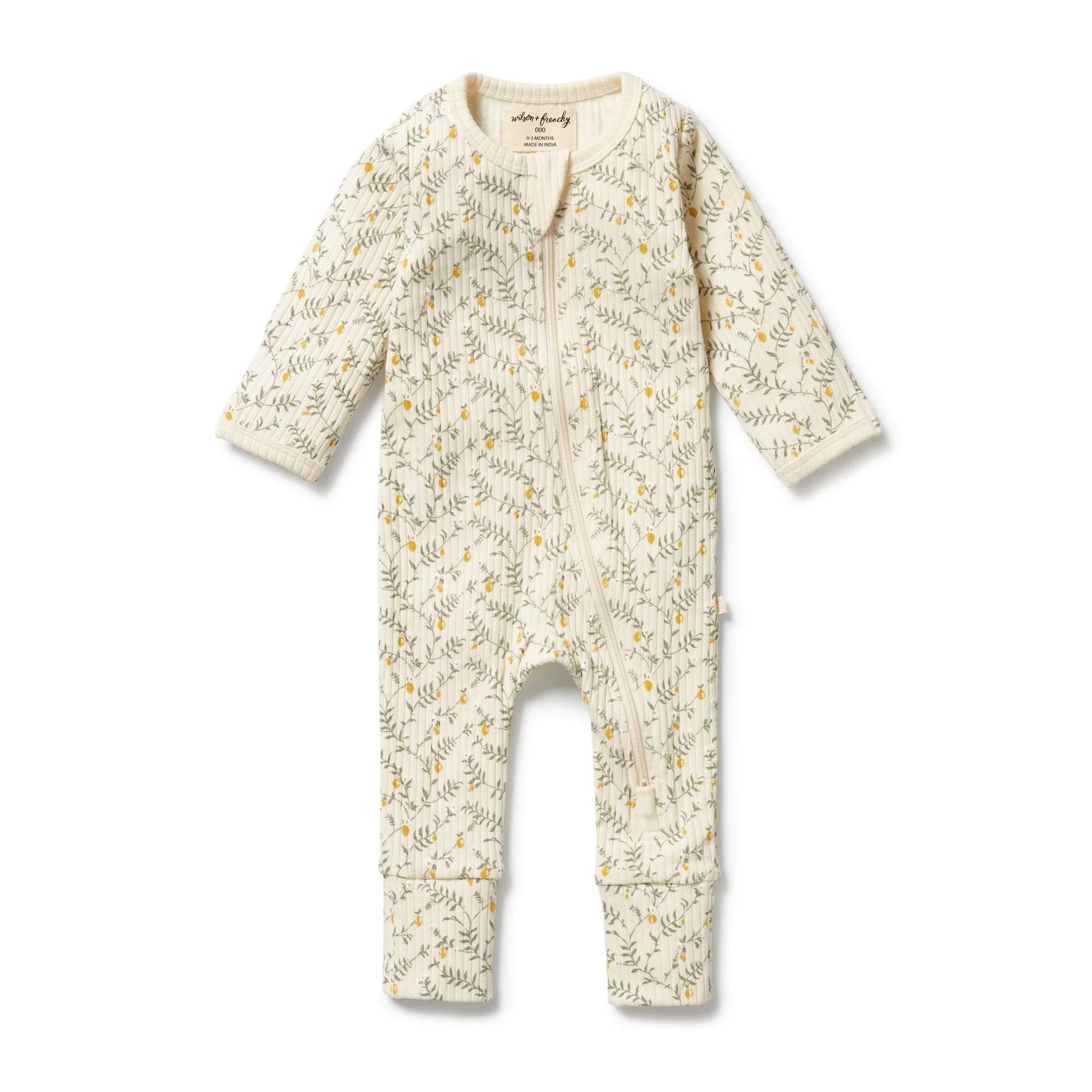 Organic Zipsuit with Feet - Lemon Leaf